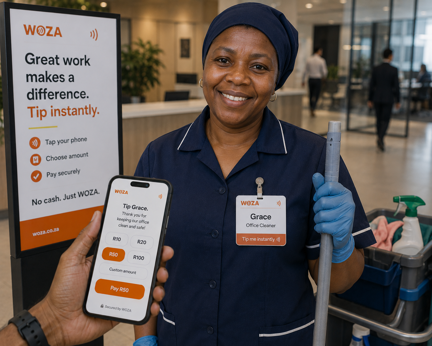 Grace, Office Cleaner, being paid with Khula